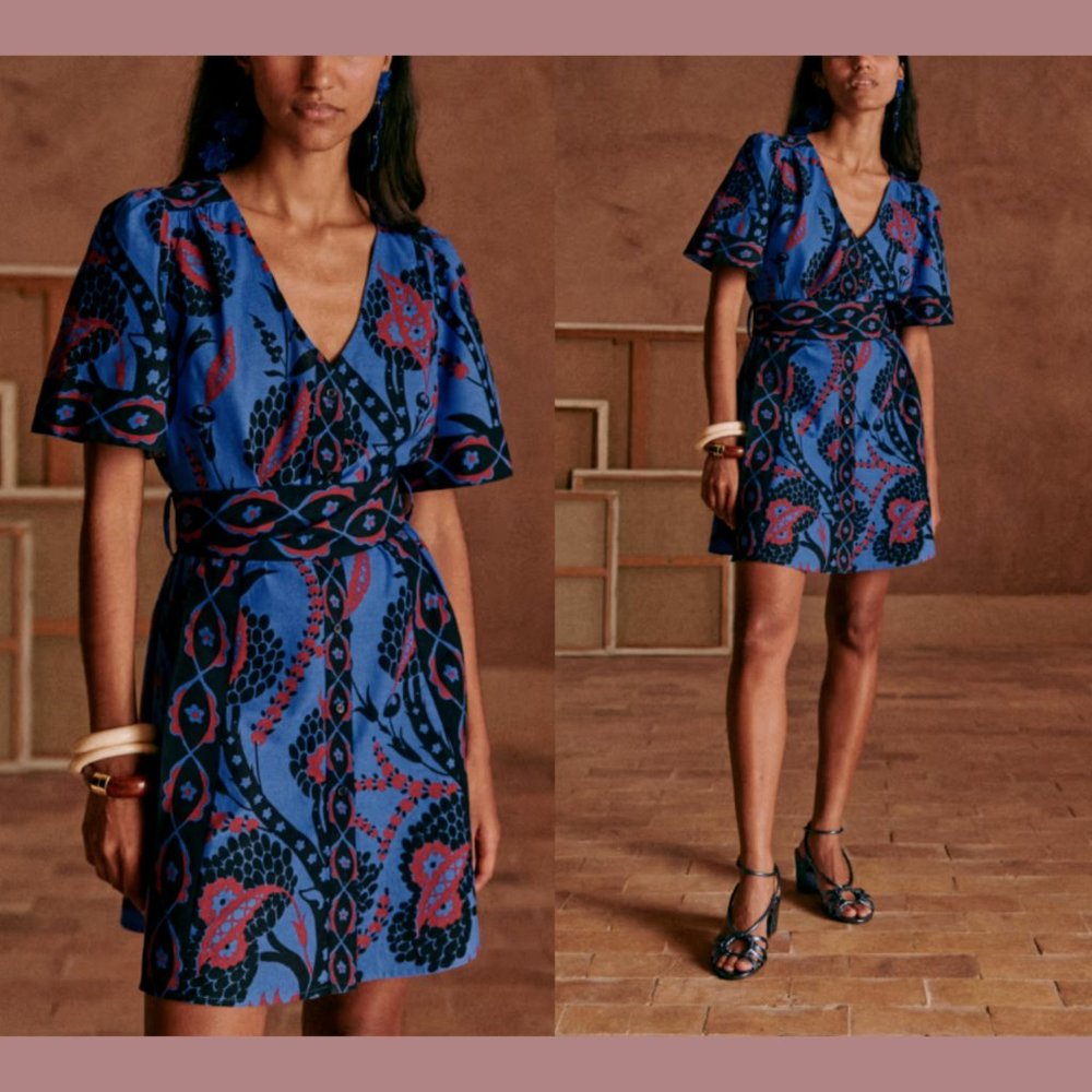 NWT Sezane [ 4 US / 36 ] Lola Printed V Neck Mini Dress in Atla Beue #Q374